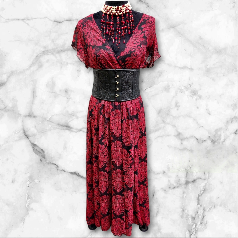 Gothic Long Red & Black Paisley Print Flutter Sleeve Faux Wrap Dress - Picture 4 of 4
